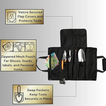 Garden Tool Bag, Roll-Up Garden Tool Holder with Deep Pockets | 900D Polyester Heavy Duty Gardening Tote | Compact Washable Organizer for Tools, Seeds, and Essentials (Tools Not Included)