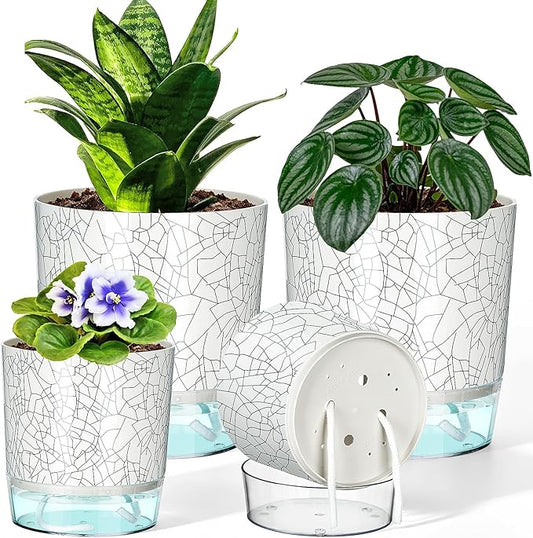 Self Watering Pots for Indoor Plants, 4/5.5 Inch Crackle Pattern Planters with Clear Water Reservoir & Wick System, 4 Pack Plastic Flower Pots for Succulents, Herbs, African Violets