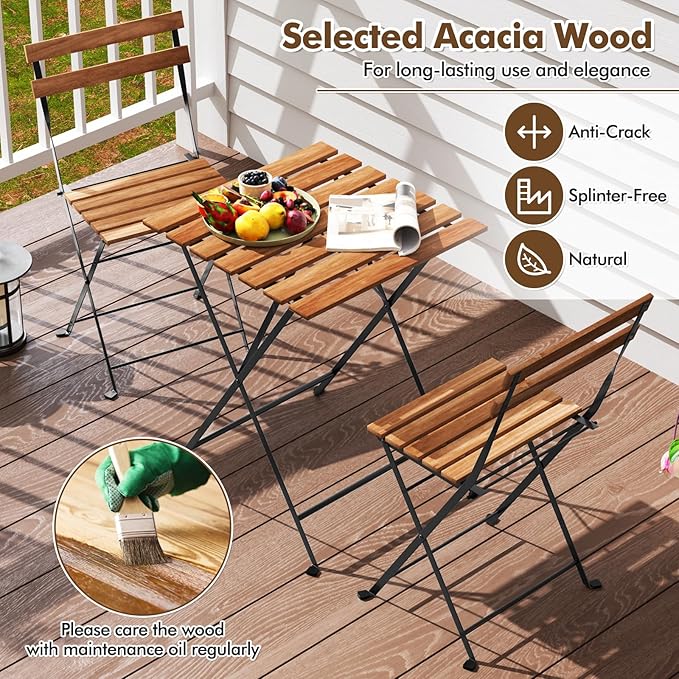 Giantex 3-Piece Acacia Wood Bistro Set, Patio Bistro Table with 2 Folding Chairs, Slatted Seat & Tabletop, Metal Frame, Outdoor Furniture Set for Backyard, Porch, Garden, Poolside (Black + Brown)