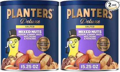 PLANTERS Deluxe Mixed Nuts - Roasted Cashews, Almonds, Brazil Nuts, Pistachios, and Pecans, Plant-Based Protein, Quick Snack, 15.25oz Canister (Pack of 2)