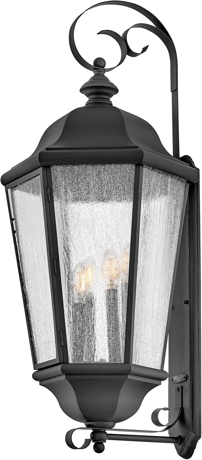 Hinkley Edgewater Outdoor Extra Large Wall Mount Lantern - Clear Seedy Glass, Aluminum - Black Finish