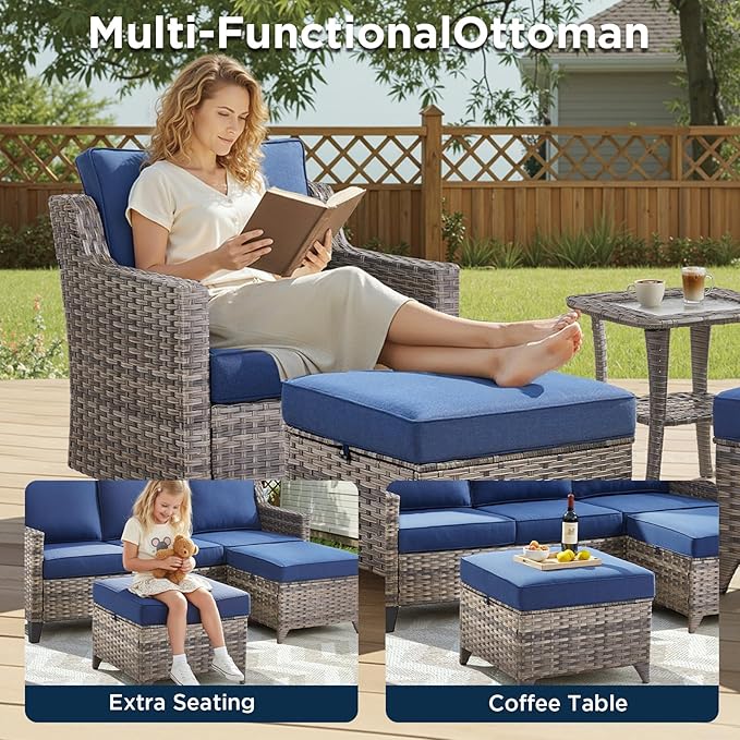 5 Pieces Outdoor Furniture-High Back Outdoor Wicker Couch Patio Chairs Set of 2 with Comfy Cushions Ottomans Patio Furniture Set for Backyard Porch Garden Deck Grey/Blue