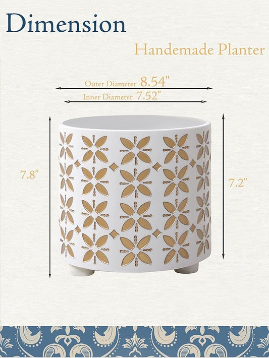 8 Inch Plants Pot, Planter for Indoor Plant, Indoor & Outdoor Flowerpot with Drainage Hole - for Decoration of Home Garden & Terrace, White & Gold