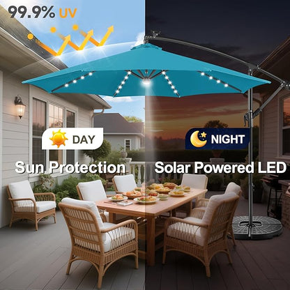 Solar Offset Patio Umbrella - 10 ft Solar Cantilever Umbrella Outdoor with 40 LED Lights and Cross Base, UV Protection for Garden, Deck, Backyard, Pool, Porch (Aqua Blue)