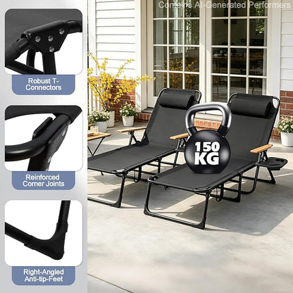 Beach Lounge Chairs with Armrests, 4-Position Folding Lounge Chairs for Outside, Sunbathing Portable Lounge Chaise, Tanning Chair Pillow & Cup Holder, for Outside Beach Pool (Black)