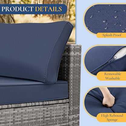 FHFO 7 Piece Outdoor Wicker Patio Furniture Set, Rattan Sectional Sofa Couch, Patio Conversation Set with Cushion & Coffee Table, for Backyard Poolside Porch Garden, Grey-Navy Blue