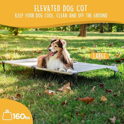 Daisy Cot, Large Foldable Elevated Dog Bed, Portable Raised Outdoor Folding Dog Cot, Cooling, Chew Proof, Waterproof, Heavy Duty Up to 160 Lbs for Camping/Home, Brown, 43"x27"x7”