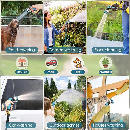 FlexiSolve Garden Hose 150 ft, Non-Expandable Lightweight Water Hose, 360° Swivel Anti-Kink Fittings, 10-Pattern Spray Nozzle & Shut-Off Valve, Flexible Water Hose for Yard, Lawn, Car Wash, Blue