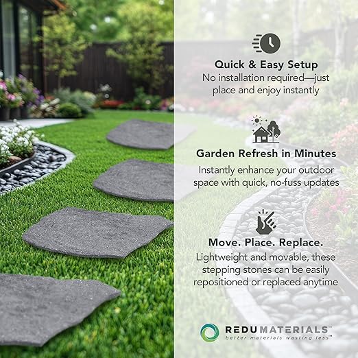 TierraVerde 4-Pack 18”x22” Natural Rock Rubber Stepping Stones, Grey – Non-Slip Outdoor Faux Decorative Set for Landscaping & Gardening – DIY Decor for Walkways & Yard Pathways