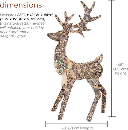 Alpine Corporation 48" Tall Outdoor Rattan Twig Grazing Reindeer Christmas Yard Decor with 80 Warm White LED Lights, Brown