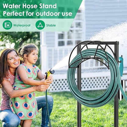 TomCare Garden Hose Holder 4 Spikes Garden Hose Reel Hose Stand Upgraded Water Hose Storage with Tool Hooks Garden Hose Hanger Organizer Holds 160ft Hoses for Outside Yard Lawn, Black