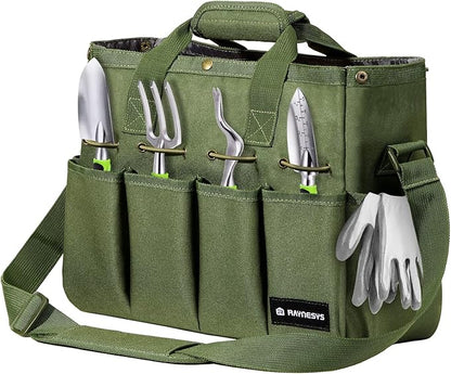 Raynesys Garden Tote Bag, Gardening Tool Bag Organizer with Pockets & Handle, 900D Heavy Duty Garden Storage Bag with Long Adjustable Shoulder Strap for Tools, Green