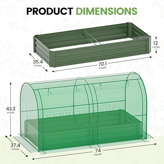 SPECILITE Raised Garden Bed with Mini Greenhouse, Galvanized Metal Planter Box Kit with PE Cover, 2 Roll-Up Doors for Ventilation, Gardening Set for Outdoor Growing Vegetables, Herbs, Fruit & Flowers