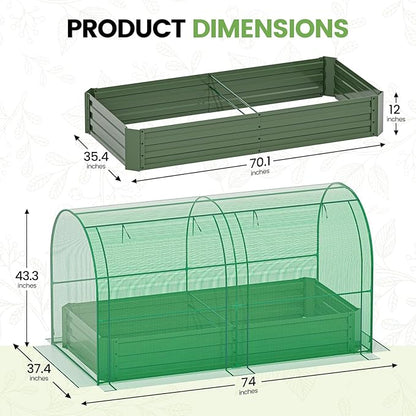 SPECILITE Raised Garden Bed with Mini Greenhouse, Galvanized Metal Planter Box Kit with PE Cover, 2 Roll-Up Doors for Ventilation, Gardening Set for Outdoor Growing Vegetables, Herbs, Fruit & Flowers