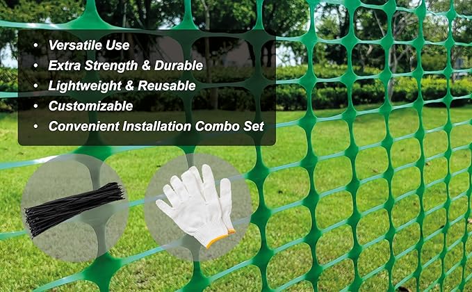 PotatoLife Plastic Mesh Fence Safety Fence, Extra Strength 4'x100' Roll with 100 Zip Ties, Resuable Temporary Netting for Garden Fencing, Construction, Snow Fencing, Animal Barrier, Poultry, Deer, Dog