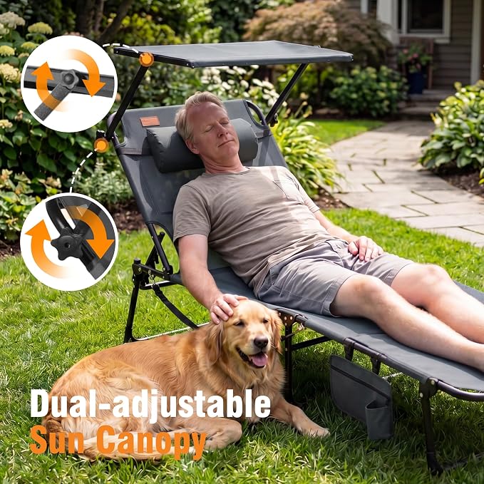 Tanning Chair with Face Hole & Canopy, 28'' Extra Wide, Dark Grey | Folding Chaise Lounge Chair with 4-Position Adjustable Backrest for Beach, Pool, Patio & Camping