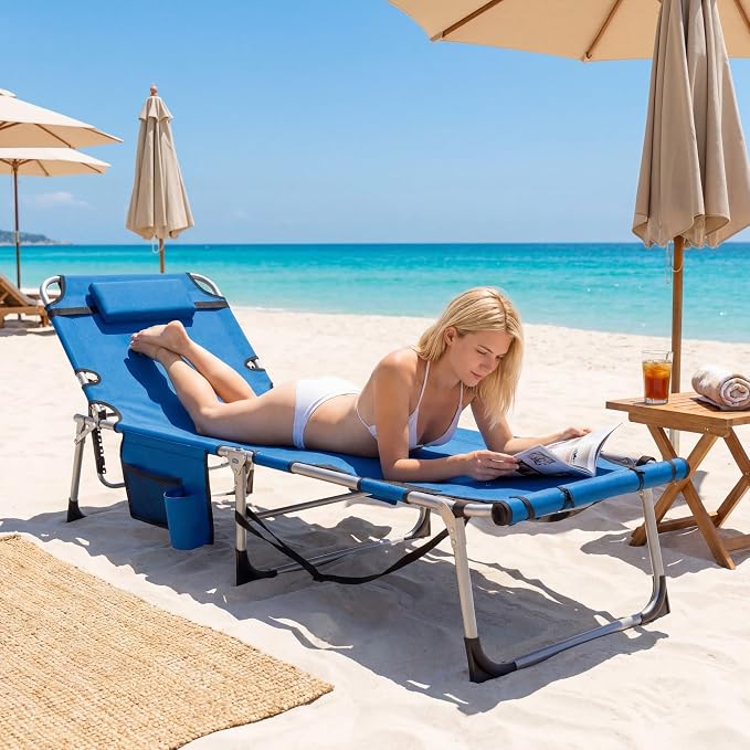Giantex 2-Pack Tanning Chair with 5 Adjustable Position, Face & Arm Hole, Hand/Shoulder Strap, Removable Pillow, Side Pocket, 330 Lbs Capacity, Lounge Chair Outdoor for Beach, Sunbathing, Blue
