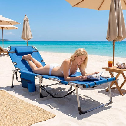 Giantex 2-Pack Tanning Chair with 5 Adjustable Position, Face & Arm Hole, Hand/Shoulder Strap, Removable Pillow, Side Pocket, 330 Lbs Capacity, Lounge Chair Outdoor for Beach, Sunbathing, Blue