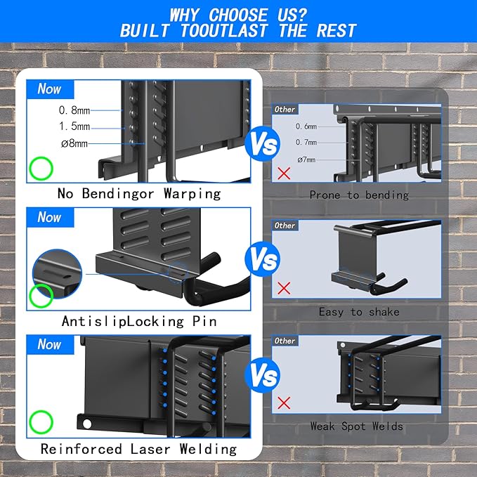 CBWLWJ Garage Tool Organizer Wall Mount, 64 inch Garage Wall Organizer, 660lbs Sturdy Garden Tool Organizer with 8 Adjustable Hooks, for Yard, Shed, Basement, Workshop(Black)