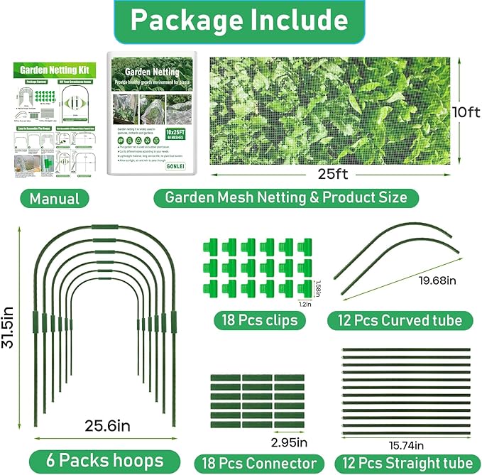GonLei 10x25FT Garden Mesh Netting Kit Raised Beds (6 Pcs Garden Hoops & 18 Clips) Garden Hoops Plant Row Covers Netting Protection Berry Bush Trees Grass Seed Barrier Net