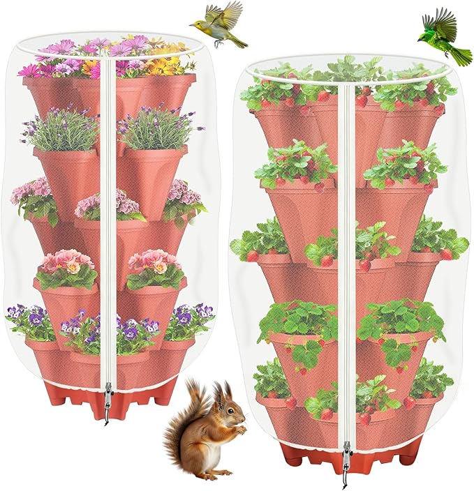 2 Pack Garden Vertical Planter Pot Insect Bird Netting,39.4" x 20" Stackable 5 Tier Strawberry Planter Pot Garden Mesh Plant Cover with Zipper for Outdoor Strawberry Herb Flower Protection