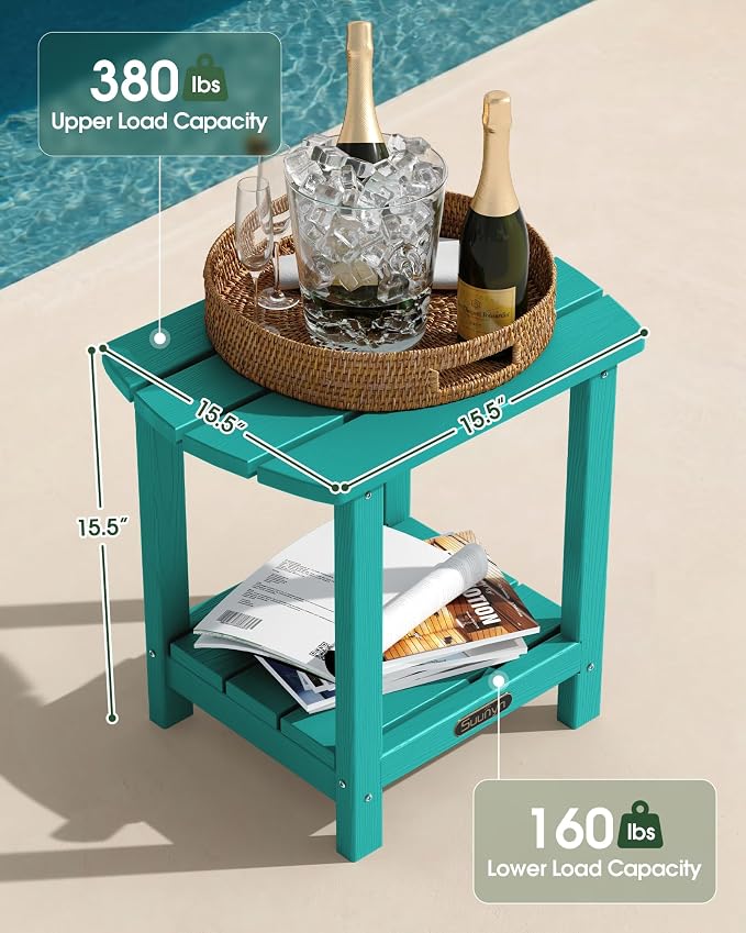 Outdoor Side Table, HDPE Small Outdoor Table, Adirondack Side Tables, Outside End Tables for Patio, Porch, Deck, Pool, Weather Resistant (Lake Blue)