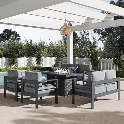 LayinSun Aluminum Furniture Set with Fire Pit Table, 5 Pieces Patio Sectional Conversation Chat Sofa Modern Seating Set