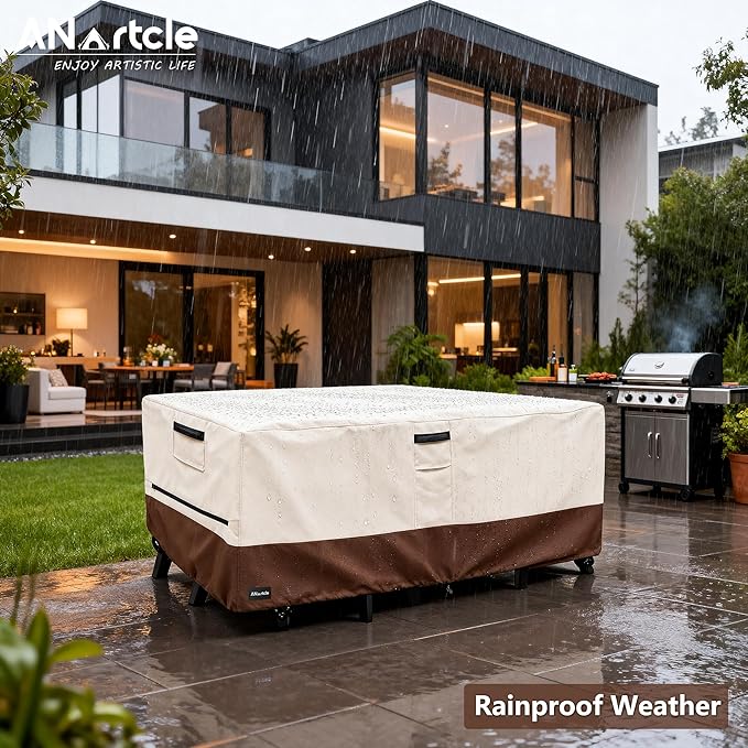 ANartcle Patio Furniture Covers 126L x 74W x 28H inch,600D Waterproof Heavy Duty Outdoor Furniture Covers,Outdoor Wicker Furniture Set with Swivel Patio Chairs General Purpose Furniture Cover,Beige