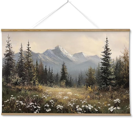 ARPEOTCY Extra Large Vintage Framed Wall Art, 36x54 Inch Wildflower Mountain Forest Hanging Framed Canvas Prints Scroll Wall Art Decor for Living Room Bedroom, Retro Scenery Pictures Above of Bed