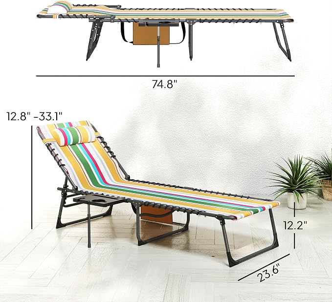 Outsunny Folding Chaise Lounge Chair Outdoor Tanning Chair Mixed Color | Side Table, 5-Level Adjustable Beach Lounger, Headrest, Side Pocket, Patio Backyard Beach Poolside