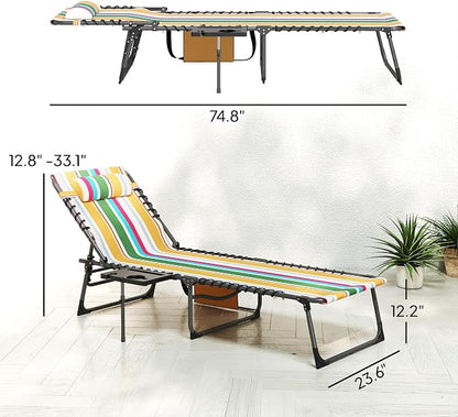 Outsunny Folding Chaise Lounge Chair Outdoor Tanning Chair Mixed Color | Side Table, 5-Level Adjustable Beach Lounger, Headrest, Side Pocket, Patio Backyard Beach Poolside