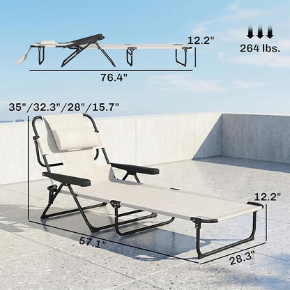 Outsunny Tanning Chaise Lounge Chair, 4-Position Beach Chair with Face & Arm Holes, Pillow headrest, Adjustable Sunbathing Chair, Cream White