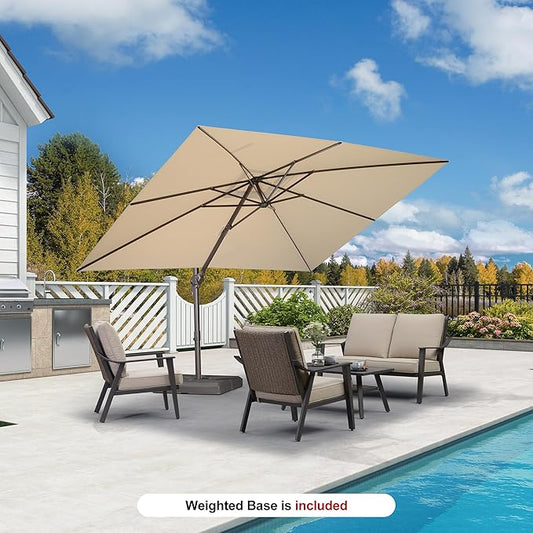 PURPLE LEAF 9' X 11.5' Rectangle Cantilever Umbrella with Base Patio Umbrella Outdoor Aluminum Offset Hanging Umbrella with 360-degree Rotation for Pool Garden Backyard Deck, Beige