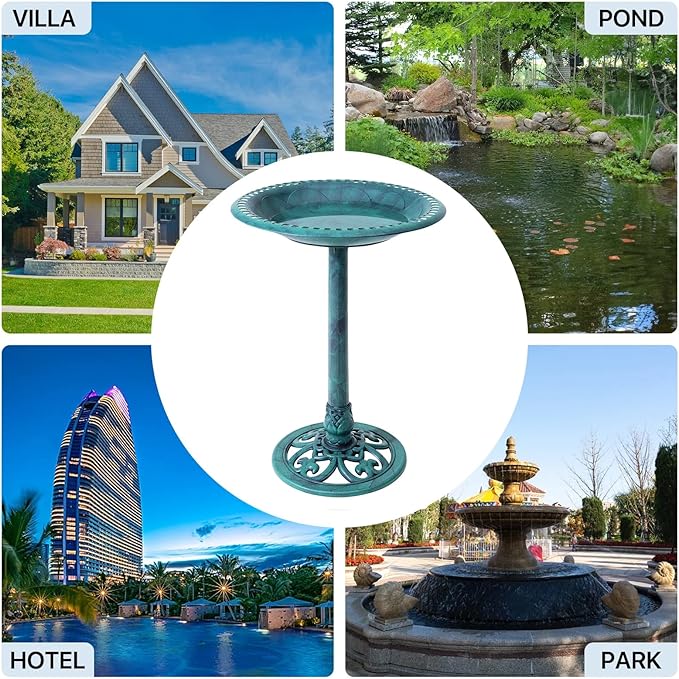 VECELO 28" Pedestal Outdoor Bird Bath for Outside, Vintage Bronze Polyresin Lightweight Antique, Yard/Garden Decoration, Green