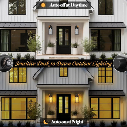 2-Pack Dusk to Dawn Outdoor Lighting with Water Ripple Glass, IP65 Waterproof Matte Black Front Porch Lights Photocell Sensor Exterior Light Fixtures Outdoor Wall Sconces Coach Lights
