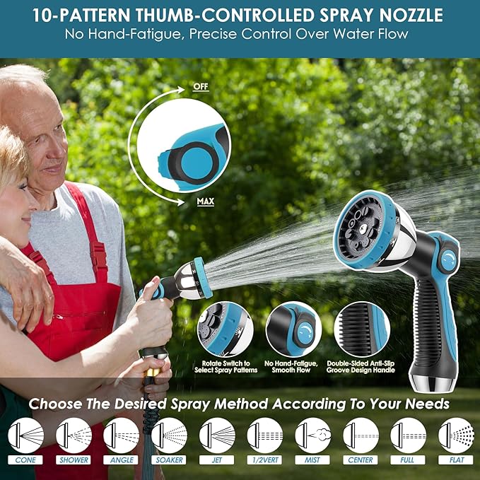 FlexiSolve Garden Hose 75 ft, Non-Expandable Lightweight Water Hose, 360° Swivel Anti-Kink Fittings, 10-Pattern Spray Nozzle & Shut-Off Valve, Flexible Water Hose for Yard, Lawn, Car Wash, Blue