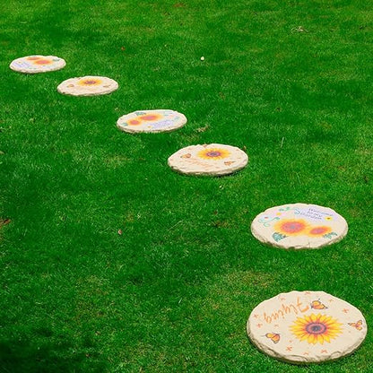 4Pcs Large Stepping Stones Outdoor Garden Walkway, Durable Plastic Pavers for Patio, Pathway, and Landscaping, Weatherproof Stepping Stones with Ground Stakes for Easy Installation (Round Sunflower)