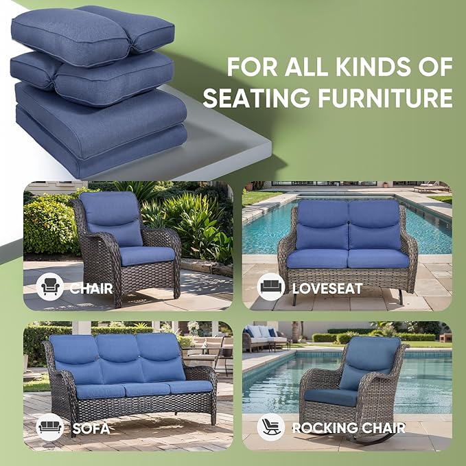 Outdoor Chair Cushion Set of 3, Waterproof Outdoor Seat Cushions 25x22, Patio Chair Cushions for Outdoor Furniture, Couch Cushion Replacement, Include 3 Back & 3 Seat Cushions, Smile/Blue