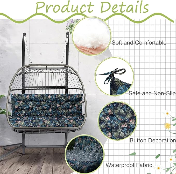 Swing Replacement Cushions with Backrest, 2 or 3 Seater Waterproof Non-Slip Overstuffed Swing Pad, Indoor/Outdoor Bench Cushion for Porch Chair Swing Garden Furniture (Hummingbird, 40 * 60 in)