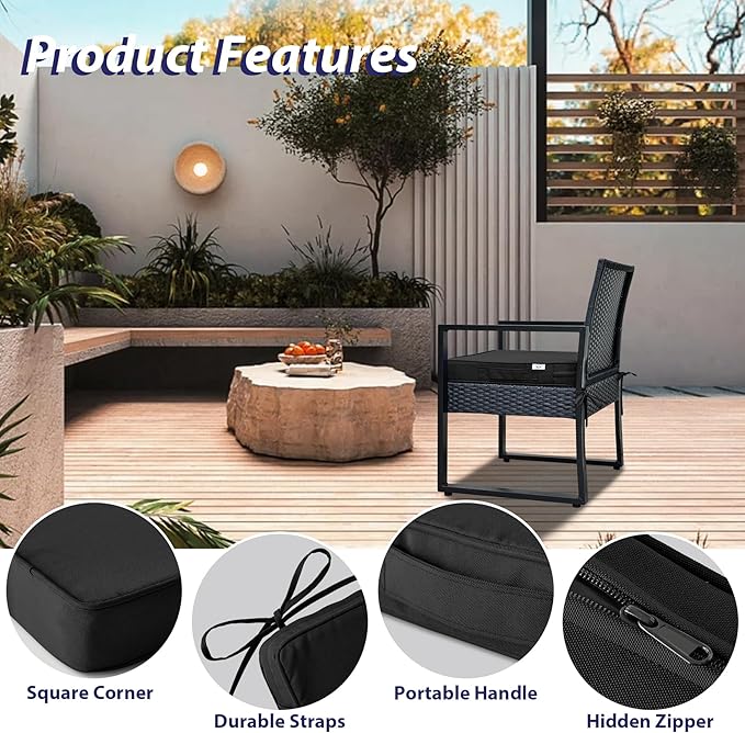 Outdoor Chair Cushions Set of 4,Waterproof Outdoor Seat Cushions for Patio Furniture,Patio Chair Cushion with Handle and Ties, Square Out Door Chair Pads,18.5" x 16" x 3", Black