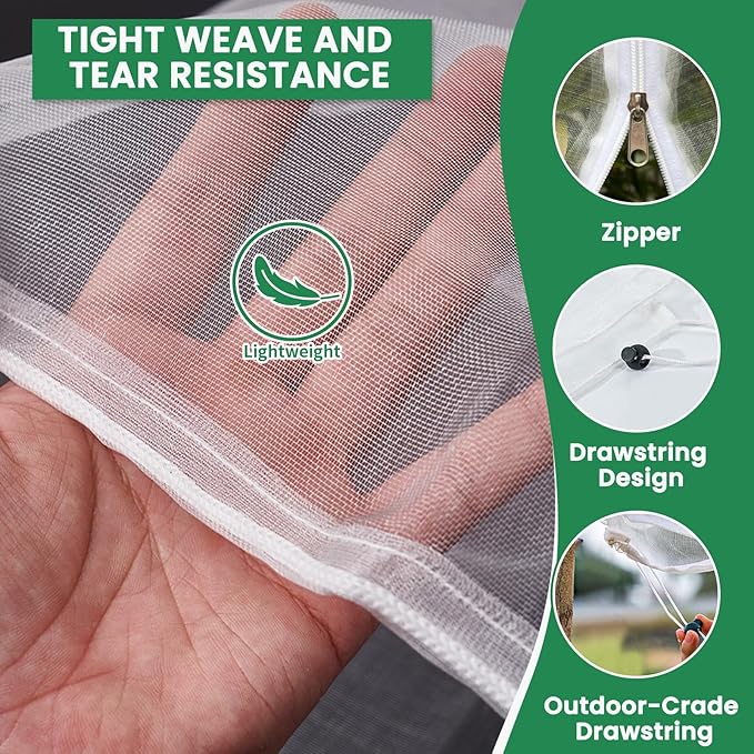 Bird Netting for Garden Protection, Fruit Tree Netting Bag with Zipper & Drawstring 2 Pack 5.3x6.6 Ft Reusable Garden Insect Netting Pest Barrier Mesh Cover for Vegetables,Bushes,Flowers and Plants