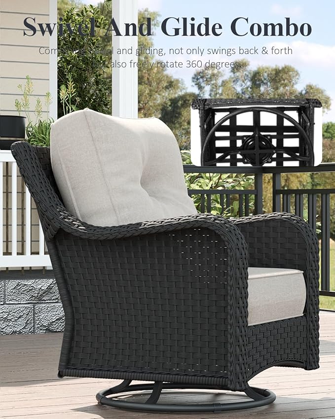 LayinSun 8 Piece Wicker Outdoor Furniture Set with 6-inch Comfy Cushions, High Back Patio Furniture Set with Swivel Rocking Chairs and Fire Pit Table