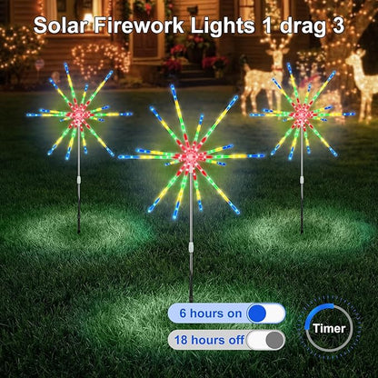 CCILAND 3 Pack Solar Firework Lights Outdoor, 336 LEDs Solar Starburst Garden Lights with Timer 8 Modes, Waterproof Decorative Lights for Yard Patio Walkway Pathway Party Wedding (Multicolor)