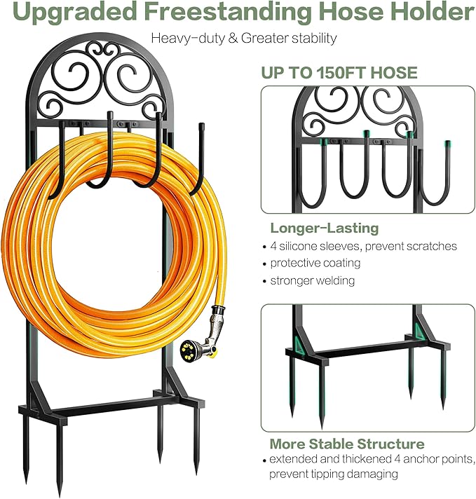 Garden Hose Holder, Upgraded Metal Water Hose Holder with 4 Hooks, Freestanding Heavy Duty Hose Hanger Stand Holds 150 FT Hoses, Detachable Hose Storage Rack for Outside Yard Lawn Farm (Black, Clouds)