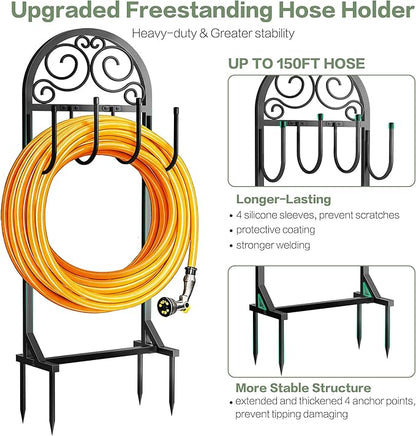 Garden Hose Holder, Upgraded Metal Water Hose Holder with 4 Hooks, Freestanding Heavy Duty Hose Hanger Stand Holds 150 FT Hoses, Detachable Hose Storage Rack for Outside Yard Lawn Farm (Black, Clouds)