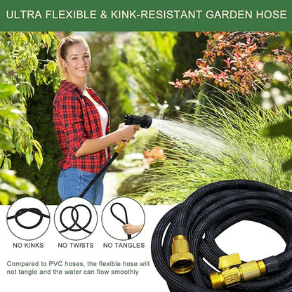Garden Hose Non-Expandable 25 ft, Lightweight Flexible Water Hose with 10-Pattern Spray Nozzle, Leak Proof, Kink-Free, Portable Hose for Yard, Lawn, Camper, High-Density Fabric, Black