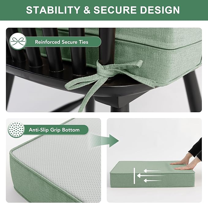 Summsun Outdoor Cushions for Patio Furniture, Faux Linen Water Resistant Backrest and Deep Seat Cushion Set with Removable Cover, Ties, Non-Slip Bottom, 22 x 22 Inch, Sage Green, Set of 4