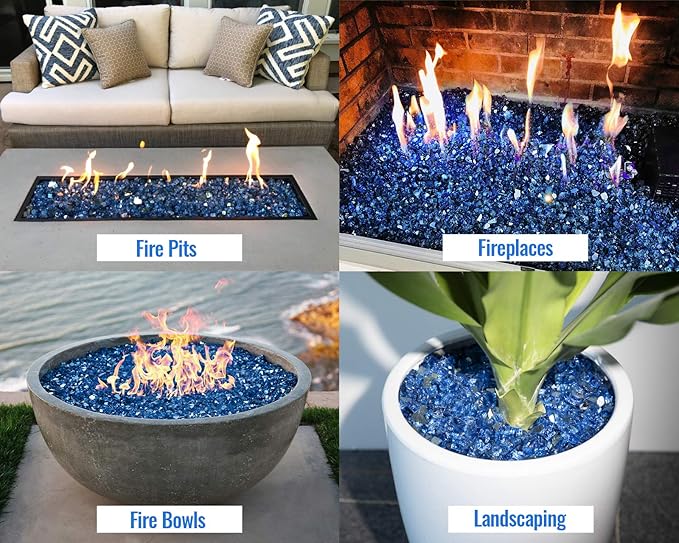 GASPRO 10 lbs Fire Glass for Propane Fire Pit, 1/2-Inch Reflective Fireplace Glass Rocks for Fire Pit Table, Pacific Blue