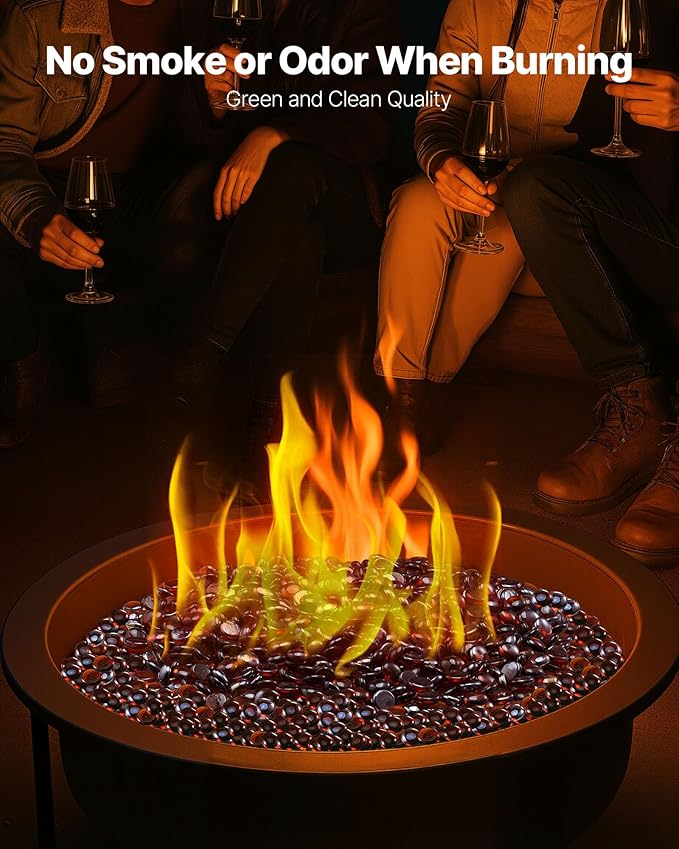 VEVOR Fire Glass, 10LBS / 4.5KG High-Temperature Resistant Fireplace Rocks, 3/4-Inch / 19.05 mm Reflective & Smokeless Firepit Glass Beads, High Luster Stone Landscaping for Fire Pit Table, Rich Amber