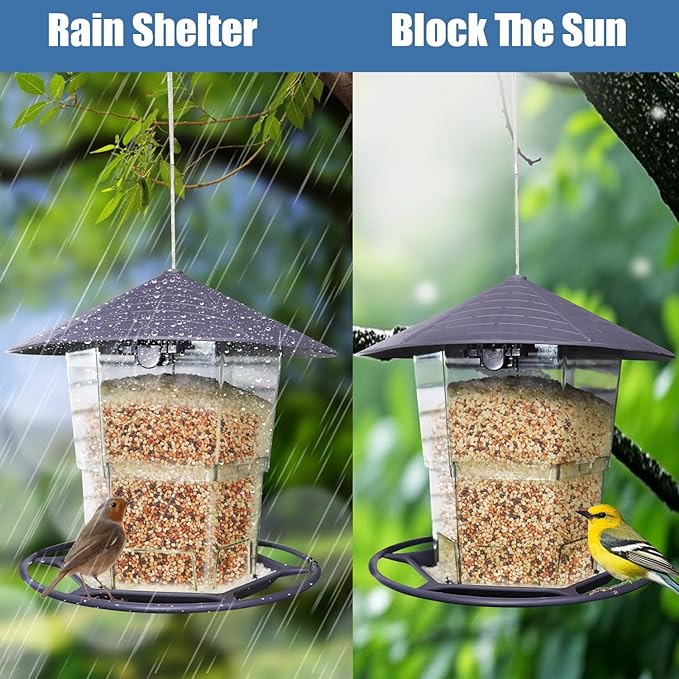 Bird Feeders for Outdoors 2 Pack, Adjustable Sturdy Wire and Roof, Plastic Bird Feeder for Garden, Backyard, Terrace